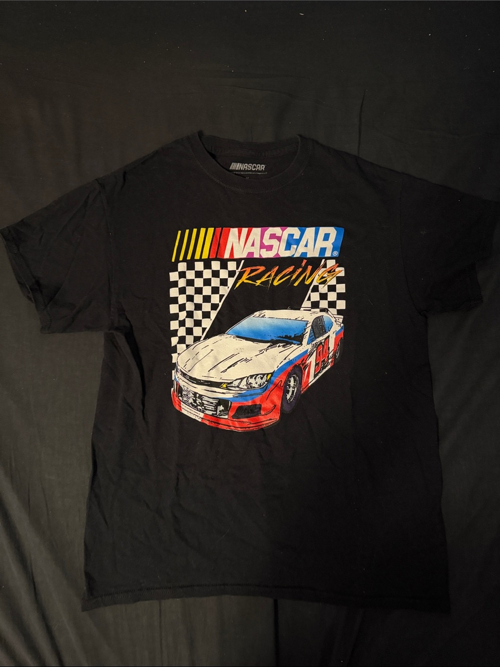 Nascar Black Tee with Red, Blue & White Racing Graphic
